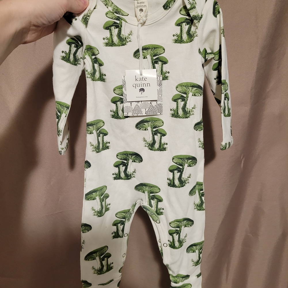 Kate Quinn White and Green Mushroom Print Footie